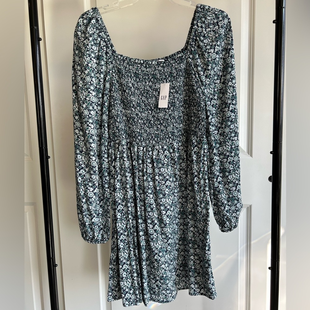 GAP Long Sleeve Floral Dress in Blue and White